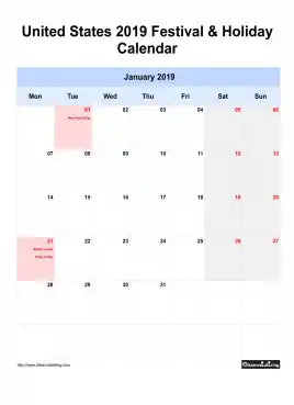United States Holiday Calendar 2019 One Month Per Page Mon To Sun Greay Week Day