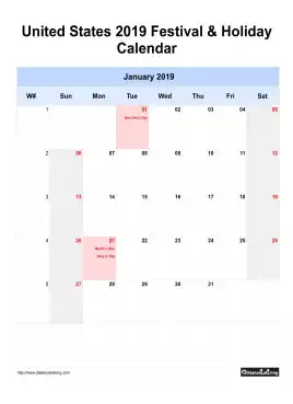 United States Holiday Calendar 2019 One Month Per Page Sun To Sat Greay Week Day With Weekno