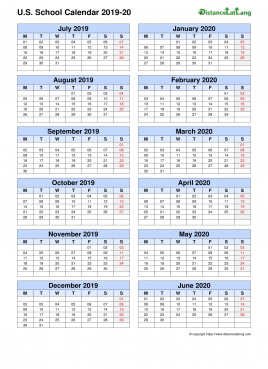 Us School Calendar Two Col July Jun 2019 20