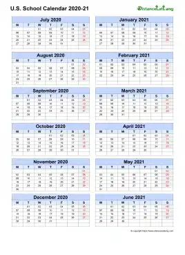 Us School Calendar Two Col July Jun 2020 21
