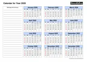 Year Blank Calendar With Birthday Anniversary Left Side Note Landscape 2020