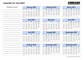 Year Blank Calendar With Birthday Anniversary Left Side Note Landscape 2021