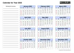 Year Blank Calendar With Birthday Anniversary Left Side Note Landscape 2022