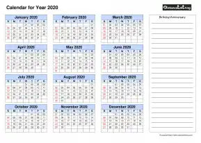Year Blank Calendar With Birthday Anniversary Right Side Note Landscape 2020