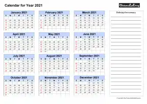 Year Blank Calendar With Birthday Anniversary Right Side Note Landscape 2021