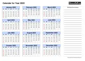 Year Blank Calendar With Birthday Anniversary Right Side Note Landscape 2022
