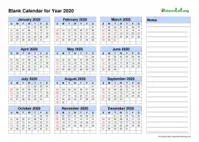 Year Blank Calendar With Right Side Note Landscape 2020