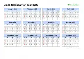 Yearly Blank Calendar Landscape 2020