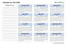 Yearly Blank Calendar With Birthday Event Left Side Landscape 2023
