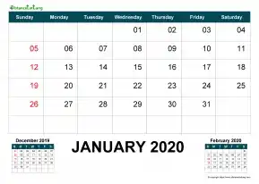 Yearly Calendar One Month Each Page With Grid Pre Next Month Bottom Landscape 2020