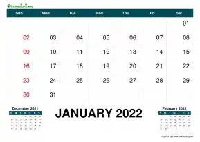 Yearly Calendar One Month Each Page With Grid Pre Next Month Bottom Landscape 2022