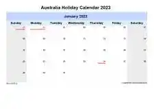 Yearly Holiday Calendar For Australia Sun Sat Landscape 2023