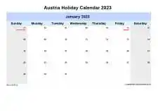 Yearly Holiday Calendar For Austria Sun Sat Landscape 2023
