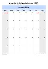 Yearly Holiday Calendar For Austria Sun Sat Portrait 2023