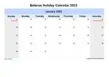 Yearly Holiday Calendar For Belarus Sun Sat Landscape 2023