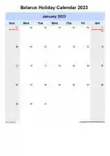 Yearly Holiday Calendar For Belarus Sun Sat Portrait 2023
