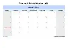 Yearly Holiday Calendar For Bhutan Sun Sat Landscape 2023
