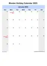 Yearly Holiday Calendar For Bhutan Sun Sat Portrait 2023