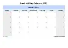 Yearly Holiday Calendar For Brazil Sun Sat Landscape 2023