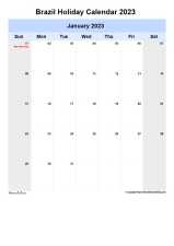 Yearly Holiday Calendar For Brazil Sun Sat Portrait 2023