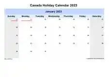 Yearly Holiday Calendar For Canada Sun Sat Landscape 2023