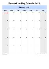 Yearly Holiday Calendar For Denmark Sun Sat Portrait 2023