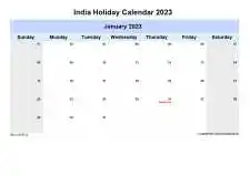 Yearly Holiday Calendar For India Sun Sat Landscape 2023