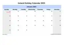 Yearly Holiday Calendar For Ireland Sun Sat Landscape 2023