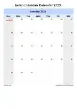 Yearly Holiday Calendar For Ireland Sun Sat Portrait 2023