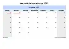 Yearly Holiday Calendar For Kenya Sun Sat Landscape 2023