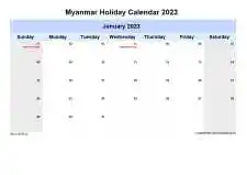 Yearly Holiday Calendar For Myanmar Sun Sat Landscape 2023
