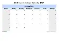 Yearly Holiday Calendar For Netherlands Sun Sat Landscape 2023