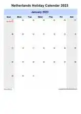 Yearly Holiday Calendar For Netherlands Sun Sat Portrait 2023