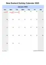 Yearly Holiday Calendar For New Zealand Sun Sat Portrait 2023