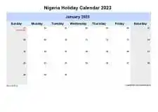 Yearly Holiday Calendar For Nigeria Sun Sat Landscape 2023
