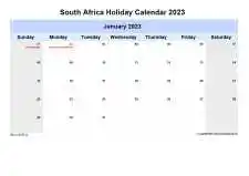 Yearly Holiday Calendar For South Africa Sun Sat Landscape 2023