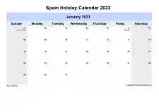 Yearly Holiday Calendar For Spain Sun Sat Landscape 2023