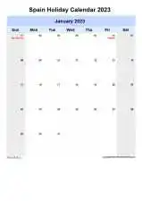 Yearly Holiday Calendar For Spain Sun Sat Portrait 2023