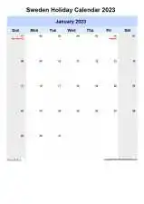 Yearly Holiday Calendar For Sweden Sun Sat Portrait 2023