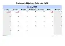 Yearly Holiday Calendar For Switzerland Sun Sat Landscape 2023