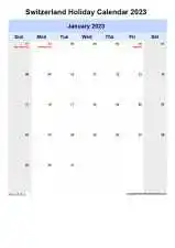 Yearly Holiday Calendar For Switzerland Sun Sat Portrait 2023