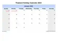 Yearly Holiday Calendar For Thailand Sun Sat Landscape 2023