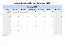 Yearly Holiday Calendar For United Kingdom Sun Sat Landscape 2023