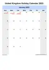 Yearly Holiday Calendar For United Kingdom Sun Sat Portrait 2023