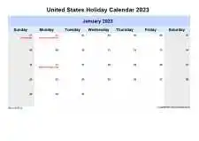 Yearly Holiday Calendar For United States Sun Sat Landscape 2023