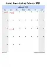 Yearly Holiday Calendar For United States Sun Sat Portrait 2023
